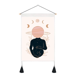 Starry galaxy tapestry with moon phases and pregnant woman silhouette and wooden rod