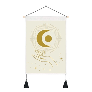 Bohemian sun and moon hanging tapestry with golden prints and elegant black tassels