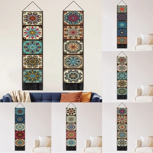 Bohemian Mandala Wall Hanging Tapestry Vertical Strip Polyester Cotton With Tassels Wooden Pole For Living Room Decor