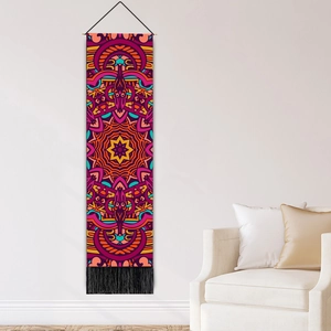 Bohemian mandala wall tapestry with colorful geometric patterns and black tassels for decor