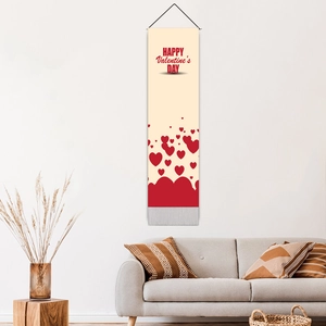 Vertical Happy Valentine's Day tapestry with red hearts and grey fringe wall decor