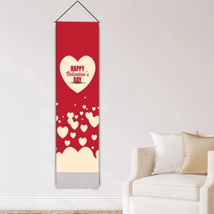 Red Happy Valentine's Day banner tapestry with white hearts and grey fringe tassels