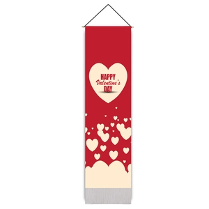 Close-up of Happy Valentine's Day wall hanging with red hearts and black hanging rope