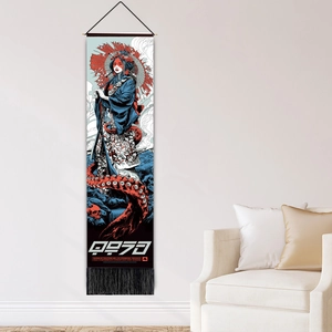 Vertical Nordic tapestry with Japanese ukiyo-e wizard illustration and black tassels