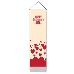 Close-up of Valentine's Day wall hanging with red hearts and silver grey fringe tassels