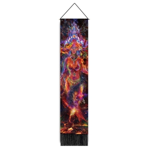 Detailed view of mythical wizard tapestry with vibrant nebula print and black fringe tassel