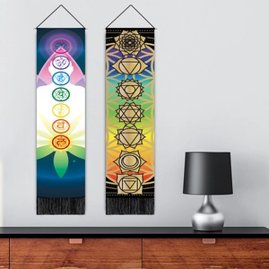 Meditation chakra wall tapestry with digital printing and black fringe tassels for yoga decor