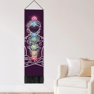 Vertical meditation chakra wall tapestry with purple background and black tassels