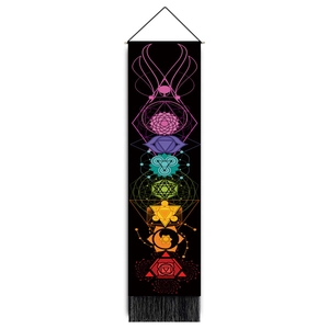 Vertical Chakra tapestry with digital print, wooden hanging rod and black tassels