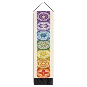 Vertical seven chakras wall tapestry with wooden hanger and black tassels for yoga meditation