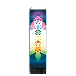 Detailed vertical chakra tapestry with colorful symbols, hanging rope, and black tassels