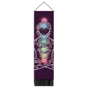 Vertical meditation tapestry with chakra symbols, mandalas, and elegant black tassels