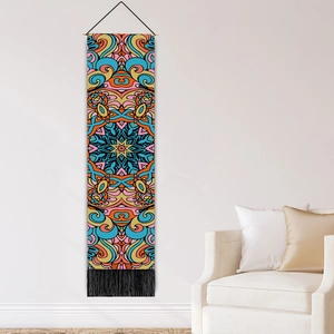 Vertical bohemian mandala wall tapestry with colorful geometric patterns and black tassels