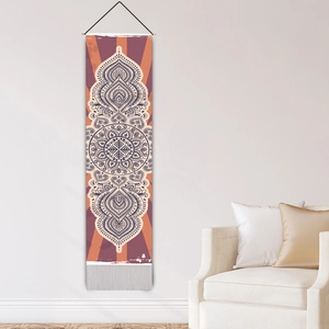 Tapisserie murale mandala bohème avec tige en bois et pompons gris pour décoration d'intérieur
