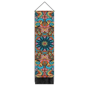 Bohemian mandala tapestry with colorful symmetric patterns and black decorative tassels