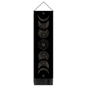 Bohemian floral moon phase tapestry with black fabric and elegant bottom tassels