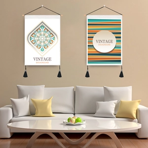 Nordic Vintage Wall Hanging Tapestry With Wood Rod And Tassel Cotton Polyester Fabric Decorative Scroll Painting For Living Room Bedroom Home Decor