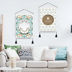 Nordic vintage fabric wall hanging tapestry with wooden rod and black tassels decoration