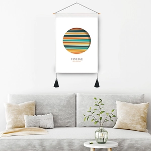 Nordic vintage canvas wall hanging with geometric circle art and decorative black tassels