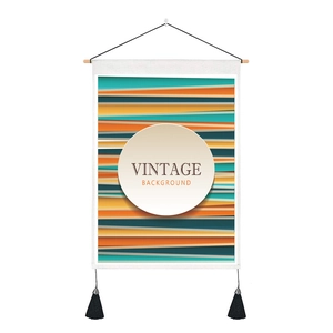 Nordic vintage geometric wall tapestry with orange blue stripes and wood hanging rod