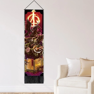 Gothic moon phase wall scroll hanging with mystical witch, raven and pumpkin illustration