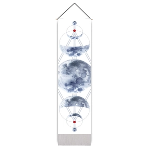 Detailed blue watercolor moon phase wall art with geometric lines and hanging cord