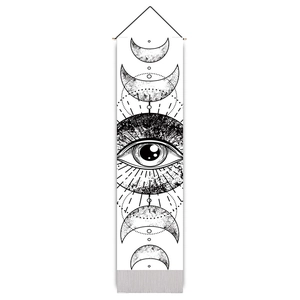 Vertical moon phase wall tapestry with mystical eye print and wooden hanging rod