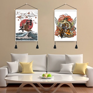 Japanese Ukiyoe Tapestry Wall Art Hanging Scroll With Wood Rod Tassels For Tattoo Studio Bar Restaurant Decor Polyester Cotton Fabric
