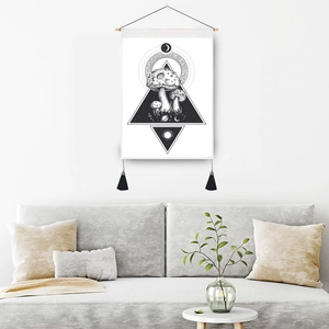 Japanese Ukiyo-e style mushroom tapestry with wood pole and black tassels for wall decor