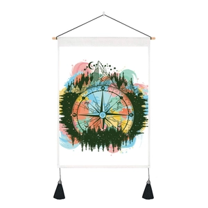 Vertical Japanese tapestry with compass mountain design, wooden bar and tassels