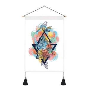 Macro detail of Japanese Hannya tapestry featuring bird and peony with black tassels
