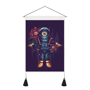 Japanese Ukiyo-e tapestry detail showing artistic astronaut print with tassels and wood pole