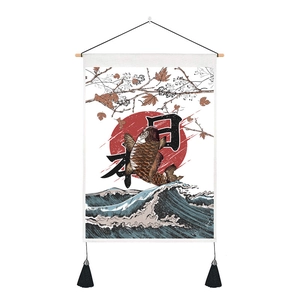 Detail of Japanese Ukiyoe tapestry featuring koi fish and tassels for studio decor