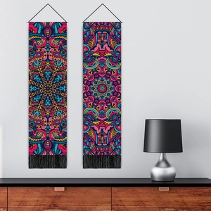 Mandala patterns canvas wall art set with black tassels and hanging rope for boho home decor
