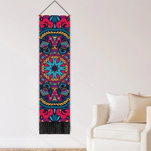 Mandala canvas wall hanging with black tassels and colorful geometric patterns for decor