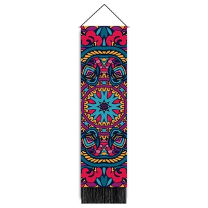 Bohemian mandala canvas wall hanging with vibrant patterns and black tassels