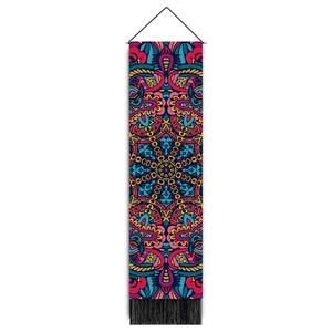 Vertical mandala canvas tapestry with colorful patterns, black hanging rod and bottom tassels