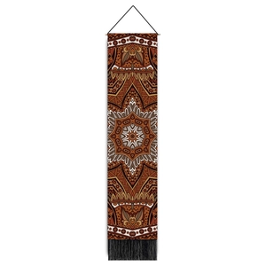 Vertical bohemian mandala tapestry with red tones, wooden rod and black tassels