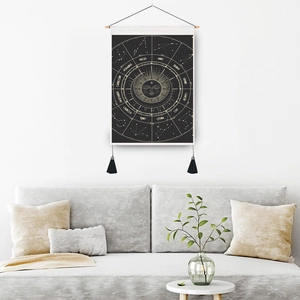 Nordic Tarot Sun Astrology tapestry with zodiac signs and black fringe wall hanging