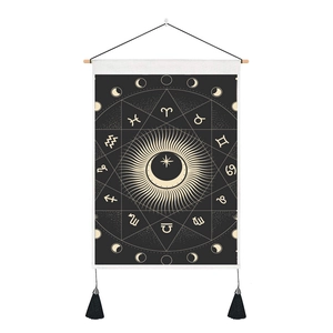 Macro detail of Tarot sun moon tapestry showing zodiac symbols and moon phases