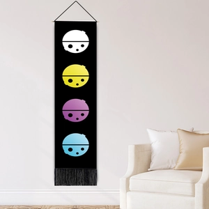 Modern black wall tapestry with colorful moon phase circles and fine bottom tassels