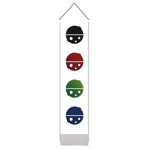Vertical wall tapestry with minimalist colorful helmet icons and black hanging rope