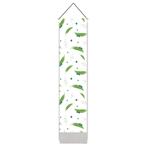 Vertical white wall banner with green pea patterns and decorative light gray tassels
