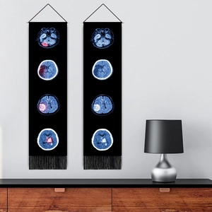 MRI brain scan wall tapestries with pink pathology highlights and black tassels for home decor