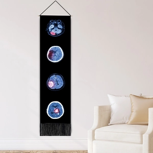 Vertical brain MRI medical scan tapestry with red pathological highlights and black tassels