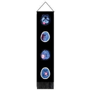 Black cotton linen tapestry featuring blue brain MRI prints with tassels for home decor