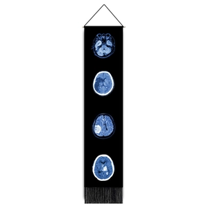 Vertical brain scan art tapestry with wood hanger and black fringe for home wall decor