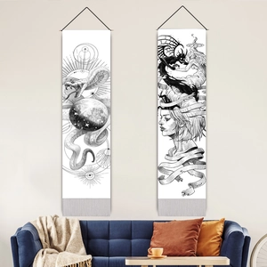 Surrealist Celestial Snake Angel Demon Line Art Wall Hanging Tapestry Cotton Linen Vertical Scroll With Wooden Rod Tassel Fringe