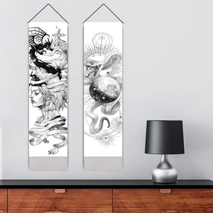 Modern minimalist black and white wall tapestries with sketches and bottom tassels