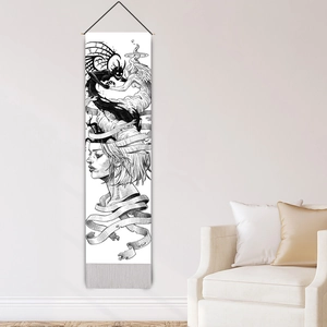 Modern minimalist black and white wall tapestry with surreal female portrait and tassels